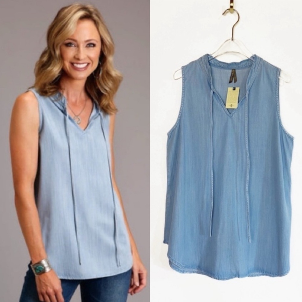 Stetson NWT Blue Denim Self Tie V neck sleeveless Blouse Womens size S